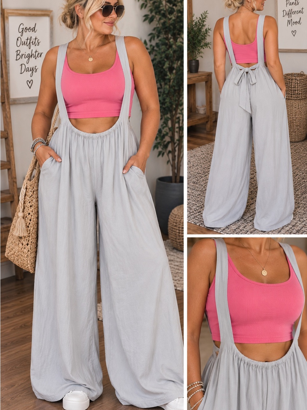 239 Women’s Light Gray Wide-Leg Suspender Jumpsuit
